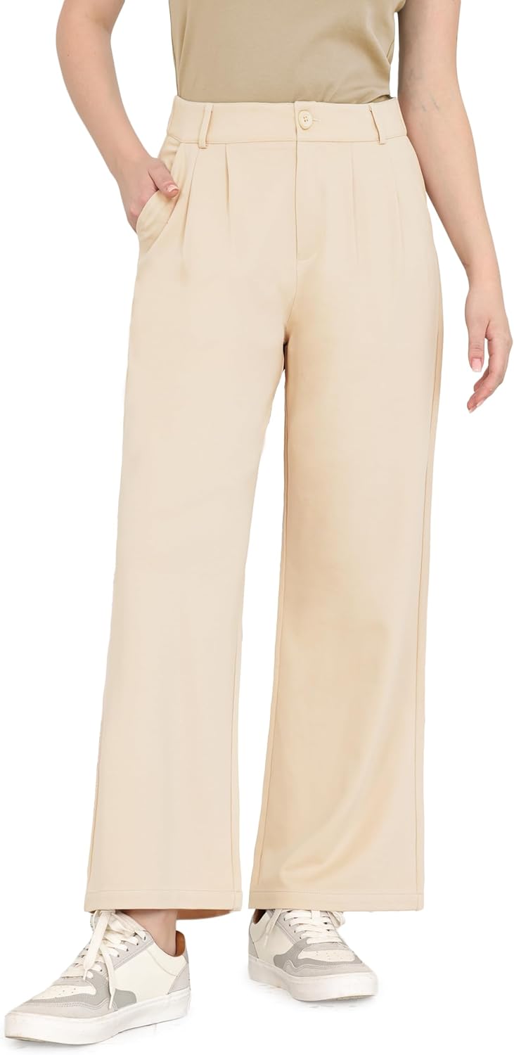 Bamans Dress Pants Wide Leg Work Business Office Casual Slacks Trousers for Curvy Women High Waisted Zipper with Pockets 29" Inseam Small Beige