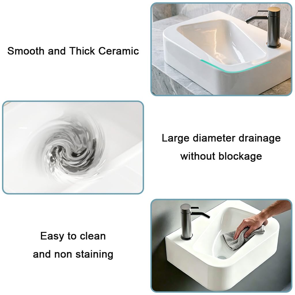 Lavabo de cerámica blanca para baños pequeños, lavabo suspendido rectangular de 35.5×25.5 cm, lavabo encimera moderno colgado a pared con desagüe izquierdo