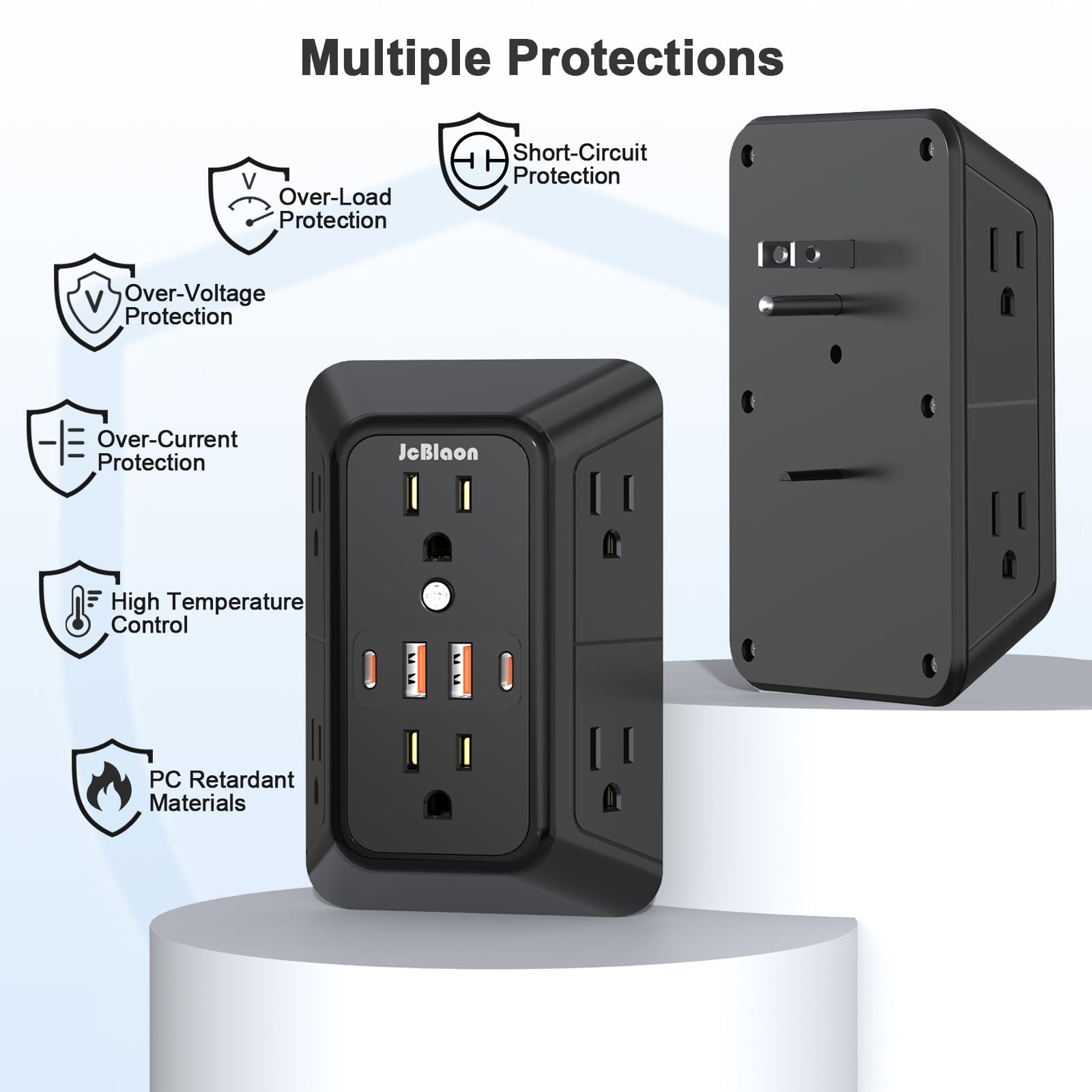 Paquete de 2 extensores de toma de pared con múltiples enchufes, 6 divisores de salida de CA con 4 puertos USB (2 USB C) cargador de pared 1050J tira de alimentación 125V/15A, 1875W para el hogar, la