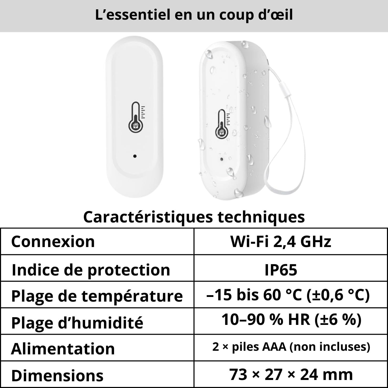 Sone Smart One Capteur Température Humidité WiFi IP65 Blanc | 2xaaa, sans écran, sans passerelle, app alarm, xlsx export