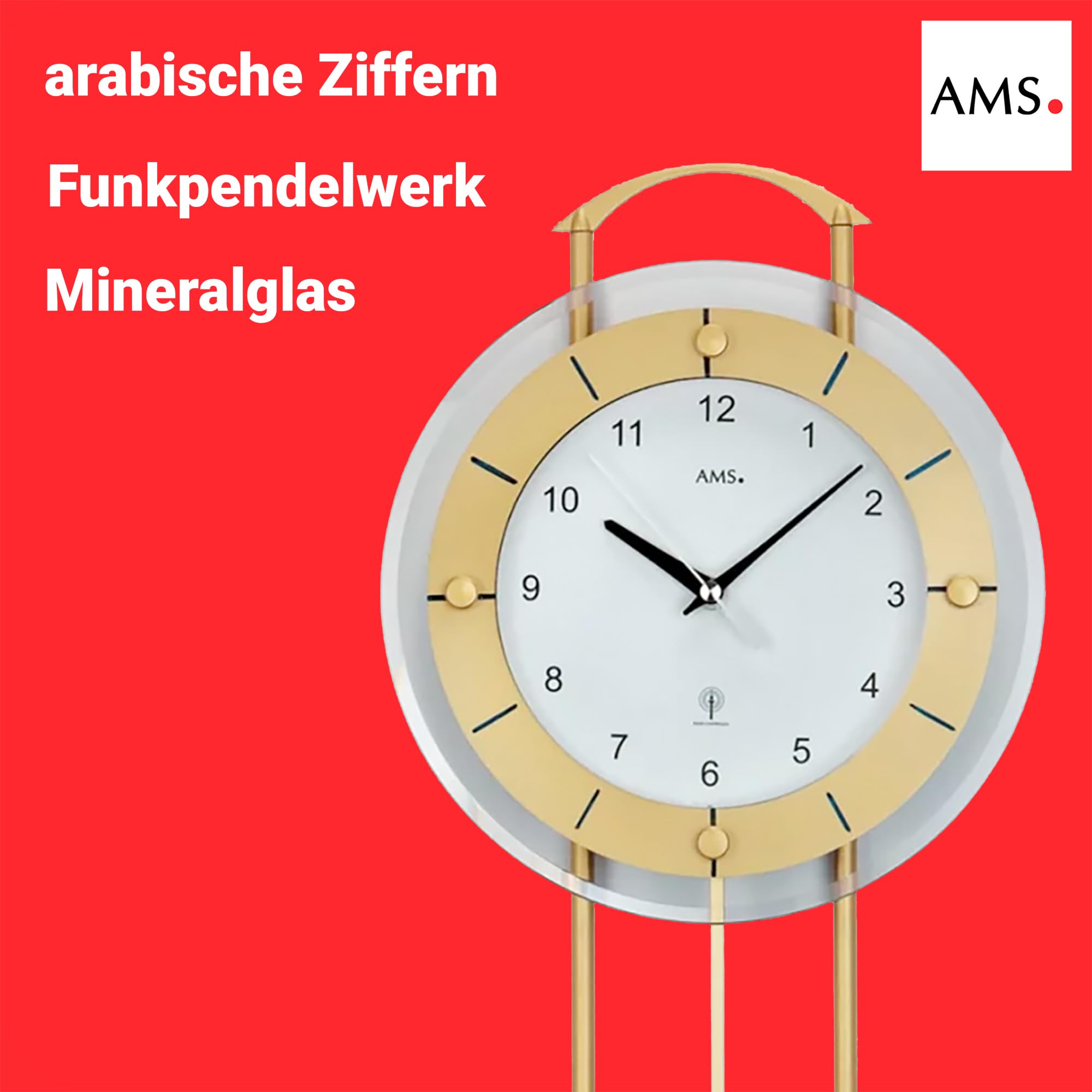 AMS 5255 Wanduhr - mit Funkpendelwerk, Elegante Funkpendeluhr, Uhr mit Pendel, Funkwanduhr mit arabischen Ziffern, Facettiertes Mineralglas, Pendeluhr für Wohnzimmer & Büro, Maße: 24 x 60 x 6 cm