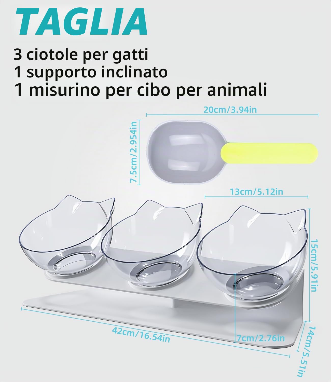 LEAZZLE 3 in 1 Ciotola per Gatti Rialzata con Supporto, 15° Inclinata, Antivomito, Trasparente