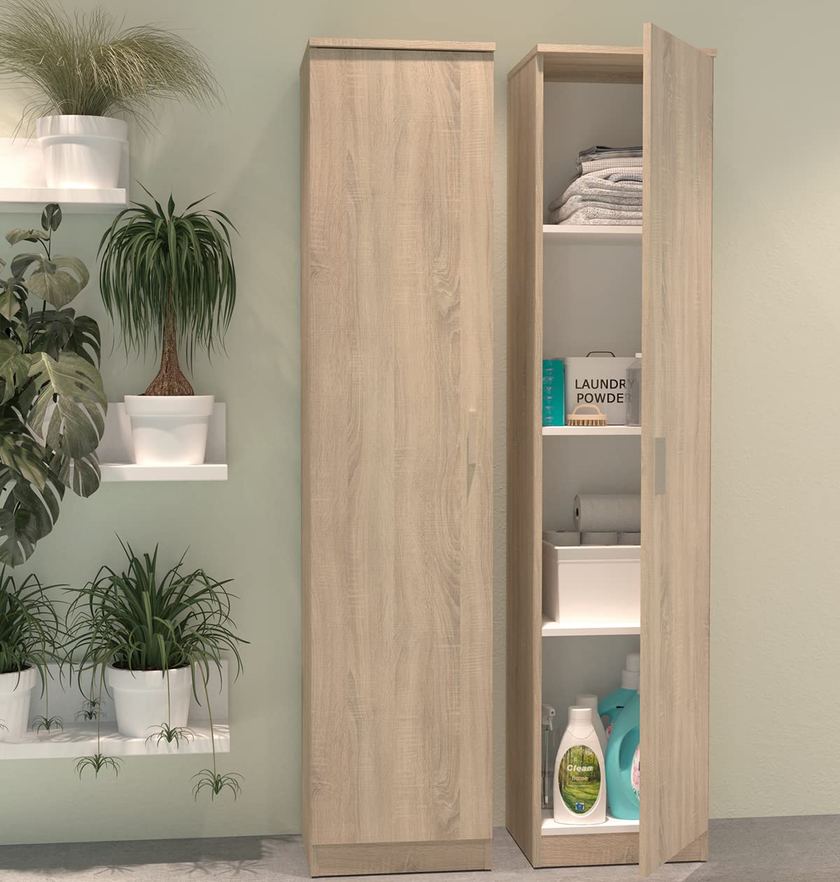 Armario Auxiliar Alto Multiusos Escobero o Despensa con Puerta y 3 Estantes, Acabado en Color Roble Cambrian, Medidas: 40 cm (Ancho) x 180 cm (Alto) x 35 cm (Fondo)