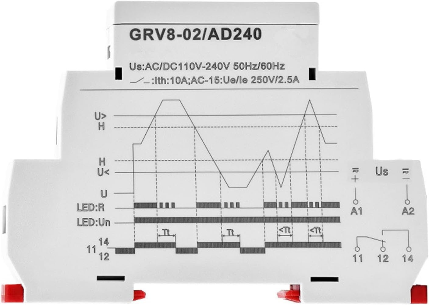 Single Phase Voltage Control Relay Over and Under Protection Monitoring 10A 12V 48V 110V 240V(GRV8-02 DC12V)