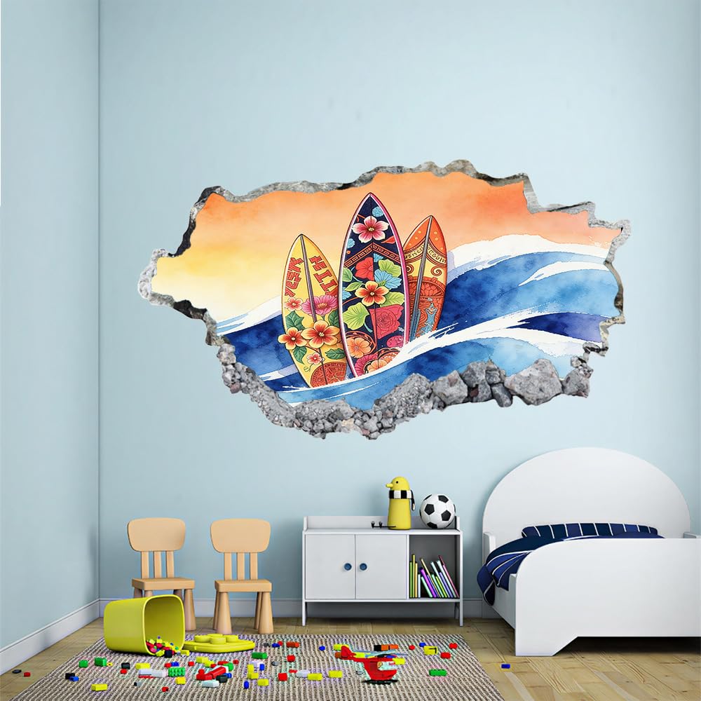 3D Wandaufkleber, Surfbrettblume Durchbruch Wandtattoos Deko Wand Selbstklebend Blaue Wellen, Wand Aufkleber Wanddurchbruch Wandsticker für Zuhause, Badezimmer, Schlafzimmer, Wohnzimmer