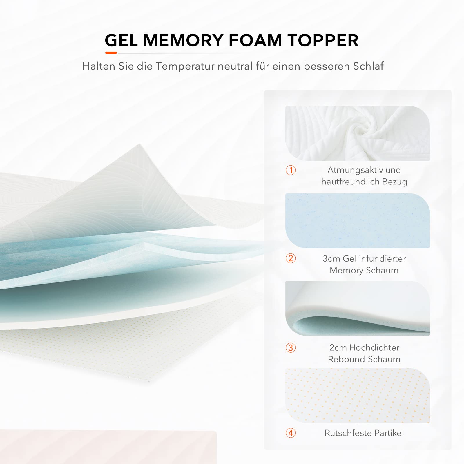 Sweetnight Topper 90x200cm,Matratzen Topper Viscoelastische Matratzenauflage Gelschaum Matratzentopper 90x200,Gel Memory Foam Topper,mit Abnehmbarem und Waschbarem Bezug,5cm Höhe,Weiß,H2