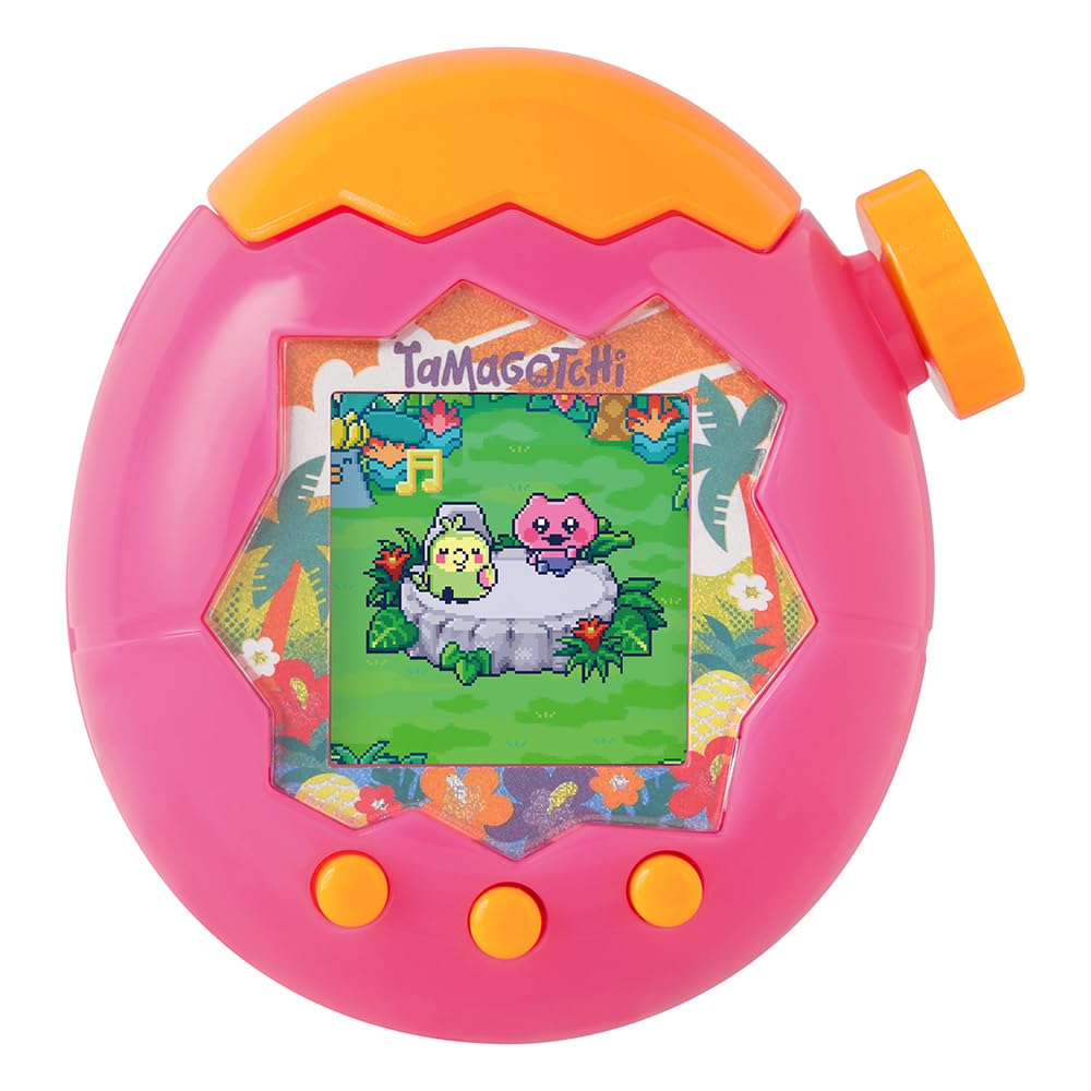 Tamagotchi Paradise Orange Tropics – Juguete Interactivo Tamagotchi – Rueda giratoria con Zoom – Modelo Rosa y Amarillo – Juguete para niños a Partir de 6 años – Bandai – 43425