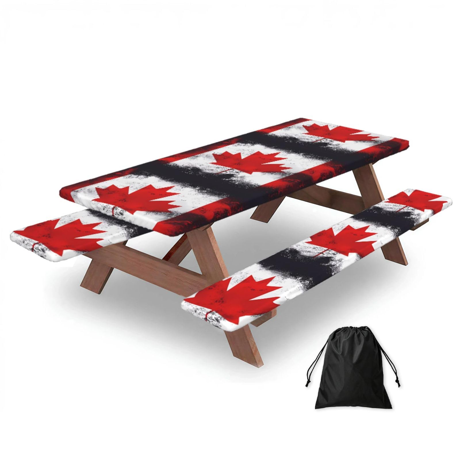 Erwqavc Black Canadian Flag Print Picnic Table Cover & Bench Covers 3-Pack Set, Elastic Tablecloths For 6 Ft Rectangle Tables