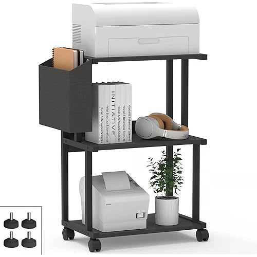 Ostreeful 3 Tier Printer Stand Printer Mobile Wooden Printer Shelf Table Organizer for Home Office Kitchen (Black)