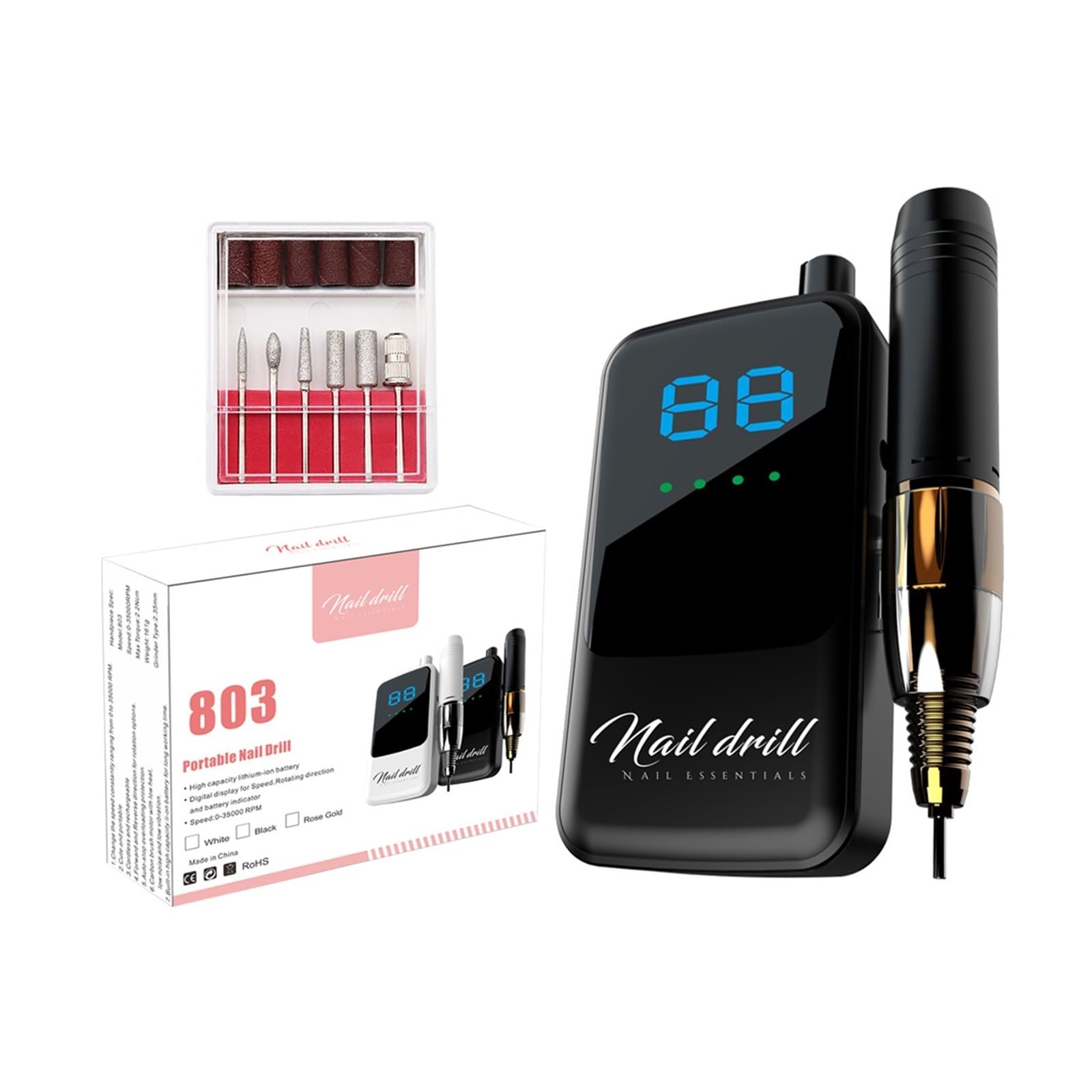 Nagelfräser, Nagelbohrmaschine Mit 35.000 U/min, Wiederaufladbarer Elektrischer Nagelpolierer, Tragbarer Nagelschleifer LCD-Display, Professionelle Maniküremaschine(Noir)