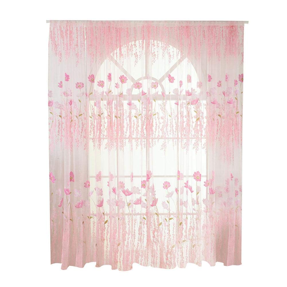 Tulle Voile Curtain Floral Pattern Window Blinds Drapes Panel Bedroom Living Room Interior Textile Decor (Pink)
