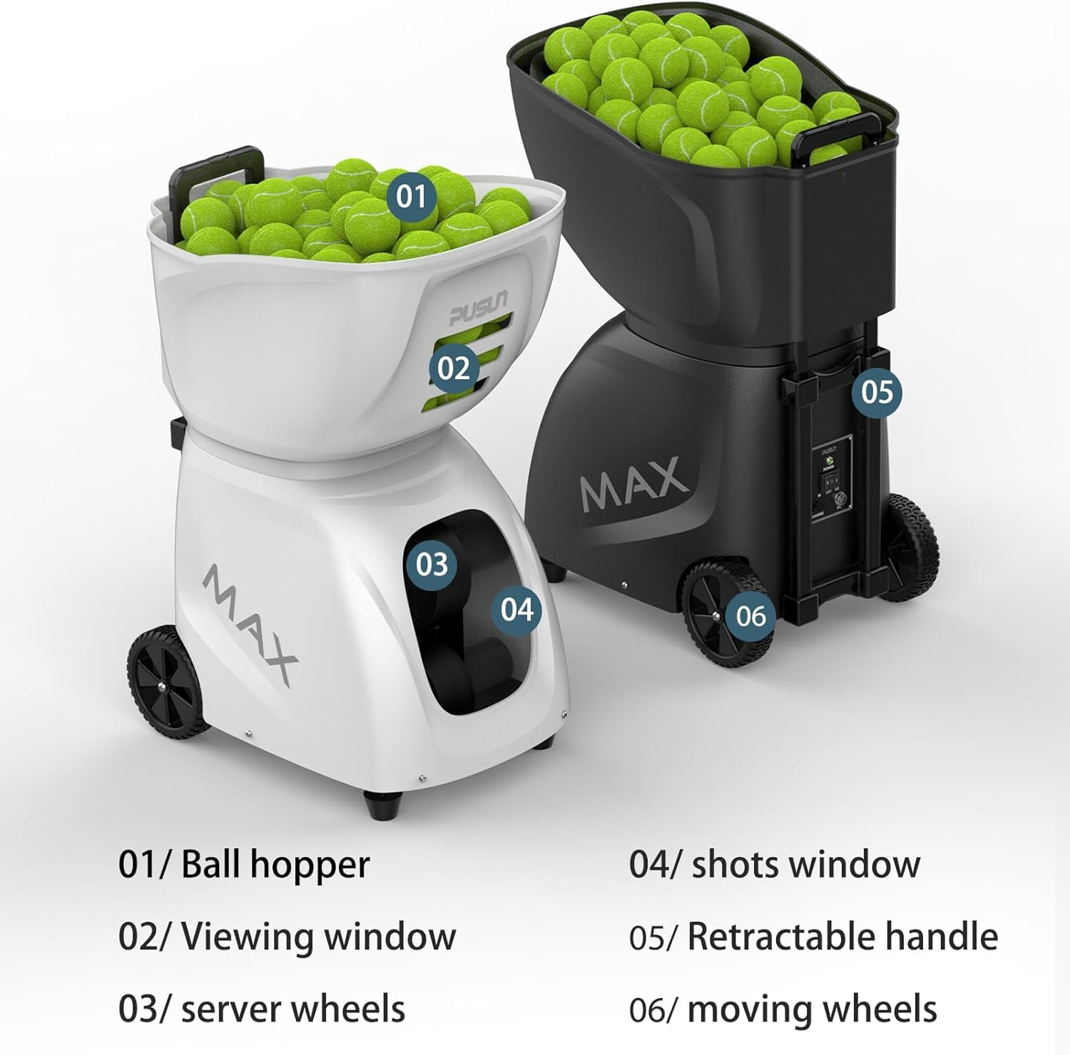 PUSUN PT-MAX C Smart Tennis Trainer & Ballmaschine - Profi Ballwerfer mit App-Steuerung, 28 Landepunkte, 26 Modi & 5-7 Std. Laufzeit für jedes Spielniveau (Weiß)