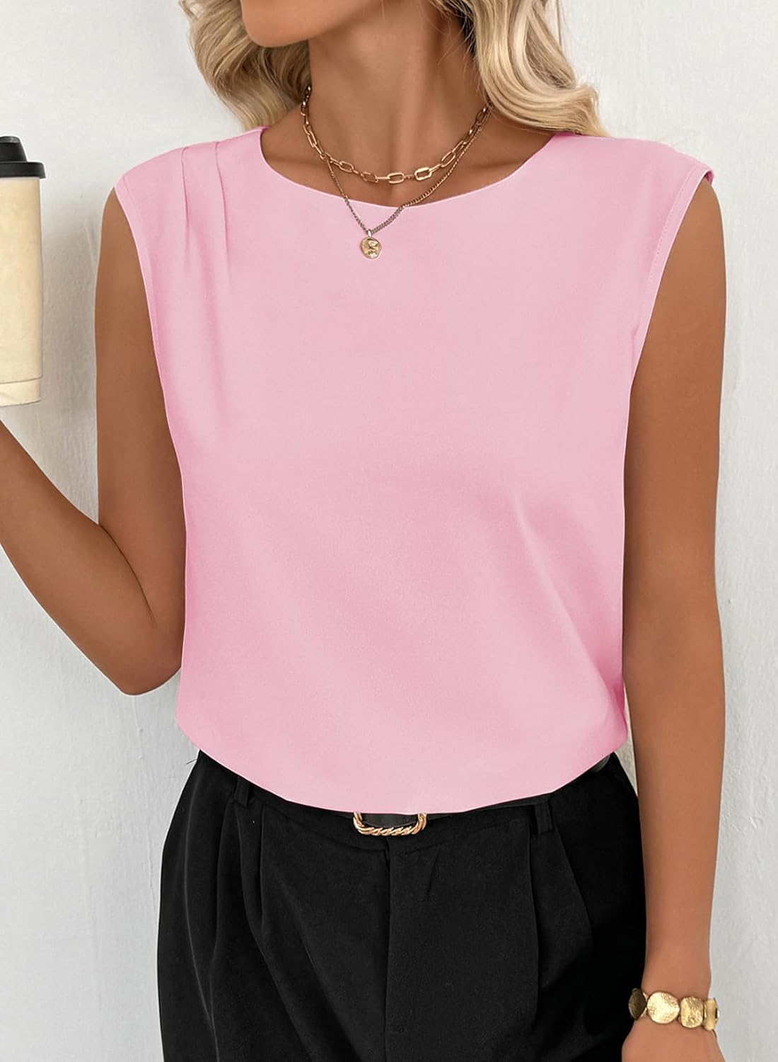 EVALESS Womens Tank Tops Sleeveless Crew Neck Pleated Shoulder Blouses Vest Shirts - Image 7