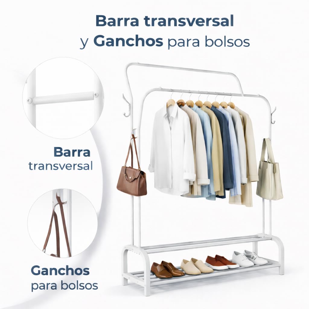 T-LOVENDO.ES Perchero Burro Doble Ropa Metálico Negro con Zapatero Inferior | Estante con Estructura Curva | Barra Colgador Resistente | Dormitorio Vestidor Entrada Organizador de Ropa y Zapatos — view 5