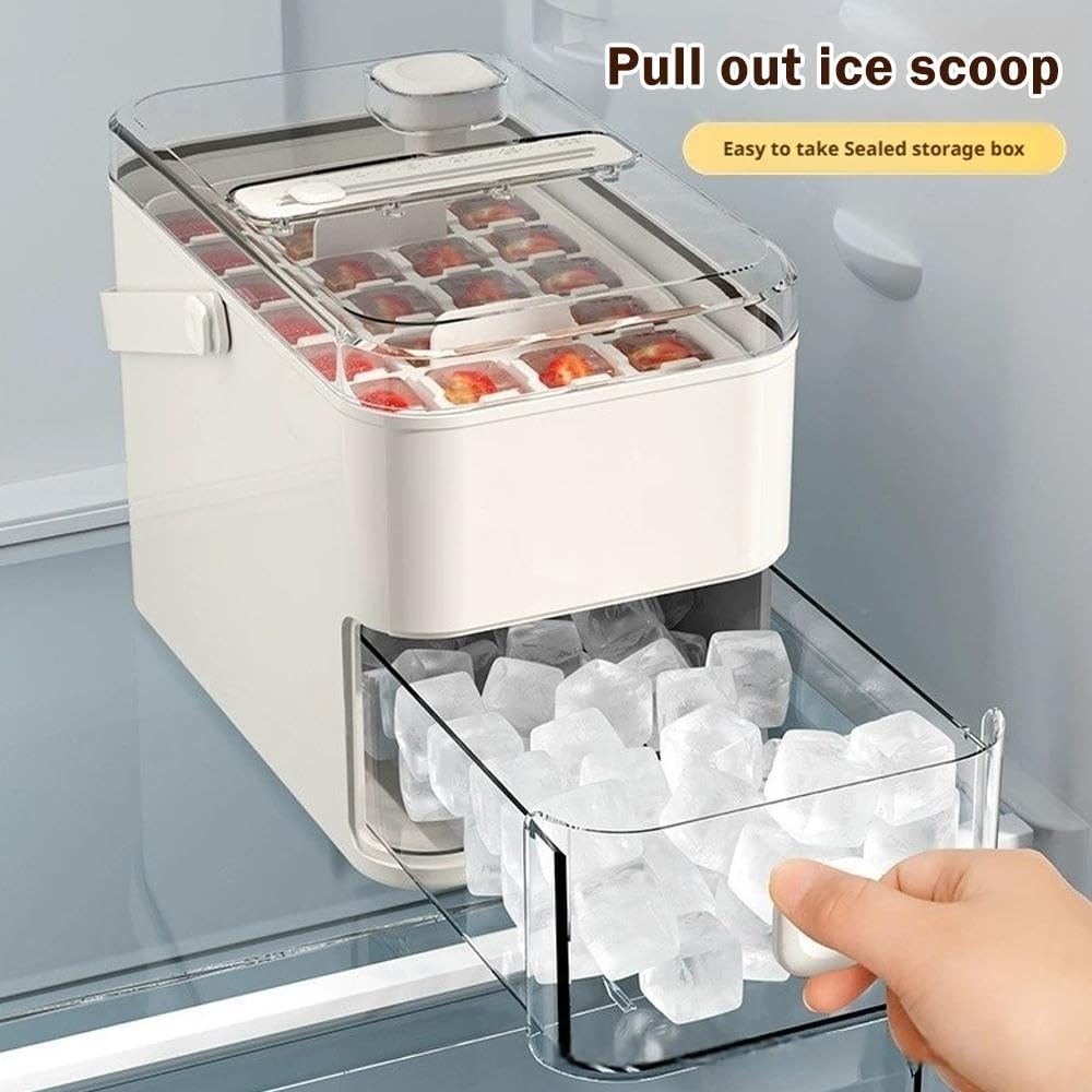 Vassoio per cubetti di ghiaccio a doppio strato con coperchio e bidone, smontabile con un clic, cassetto estraibile per ghiaccio con manico portatile, stampo a pressione senza silicone per cocktail e