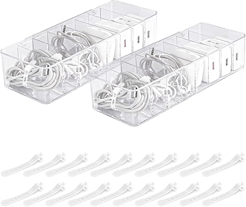HOMEE Caja organizadora de cables de 2 piezas con tapa, organizador de almacenamiento de cables de carga de plástico, caja de cables con 8