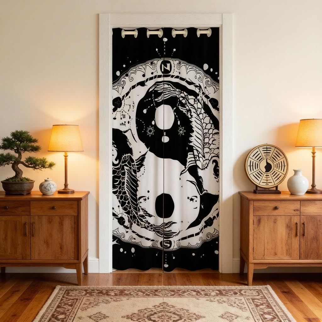 Loussiesd Yin Yang Door Curtain for Doorway Privacy 150x203cm Boho Trippy Art Decorative Door Curtain for Doorway Privacy Home Decor Gossip Koi Couple Fish Chinese Style Black White Window Treatments — image 1