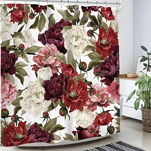 Homewelle Burgundy Floral Flower Shower Curtain Vintage Watercolor Rose Red White Girl Retro Leaves Blossom Peony Woman 60Wx72L Inch Waterproof 12 Pack Shower Hooks Polyester Fabric Bathroom Bathtub by Homewelle - Used condition - Image 4