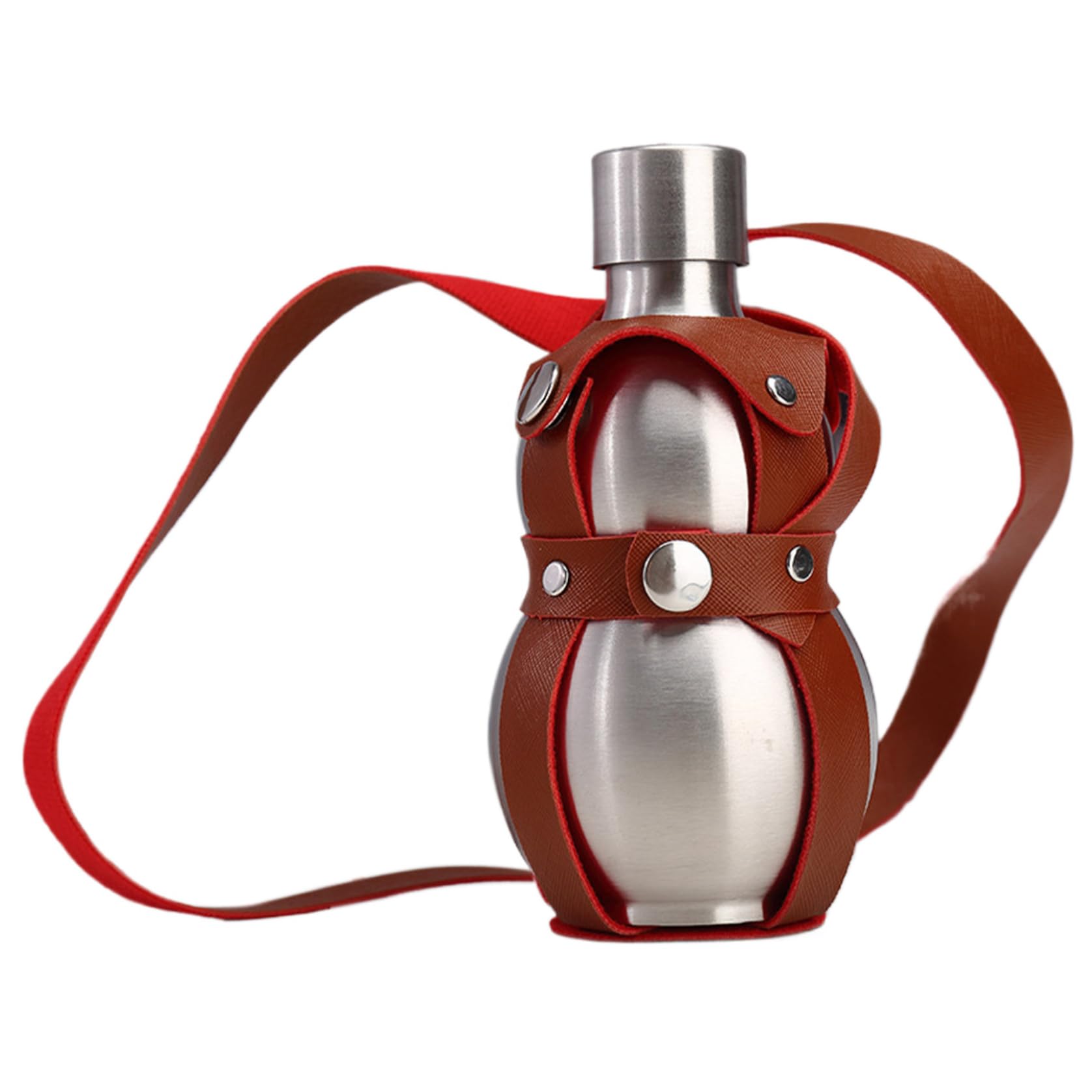 Ameble 18 Oz Stainless Steel Gourd Water Bottle, Portable Drinking Gourd with Brown Strap, Leak-Proof Bottle for Juice, Milk, Wine, Drinks, Travel