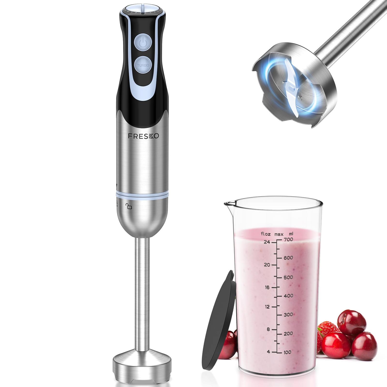 FRESKO Stainless Steel Hand Blender, 1200W Electric Stick Blender with 12 Speed and Turbo Mode, Heavy Duty Copper Motor Immersion Blender,700ml Beaker for Baby Food, Smoothies, Soup, BPA-Free