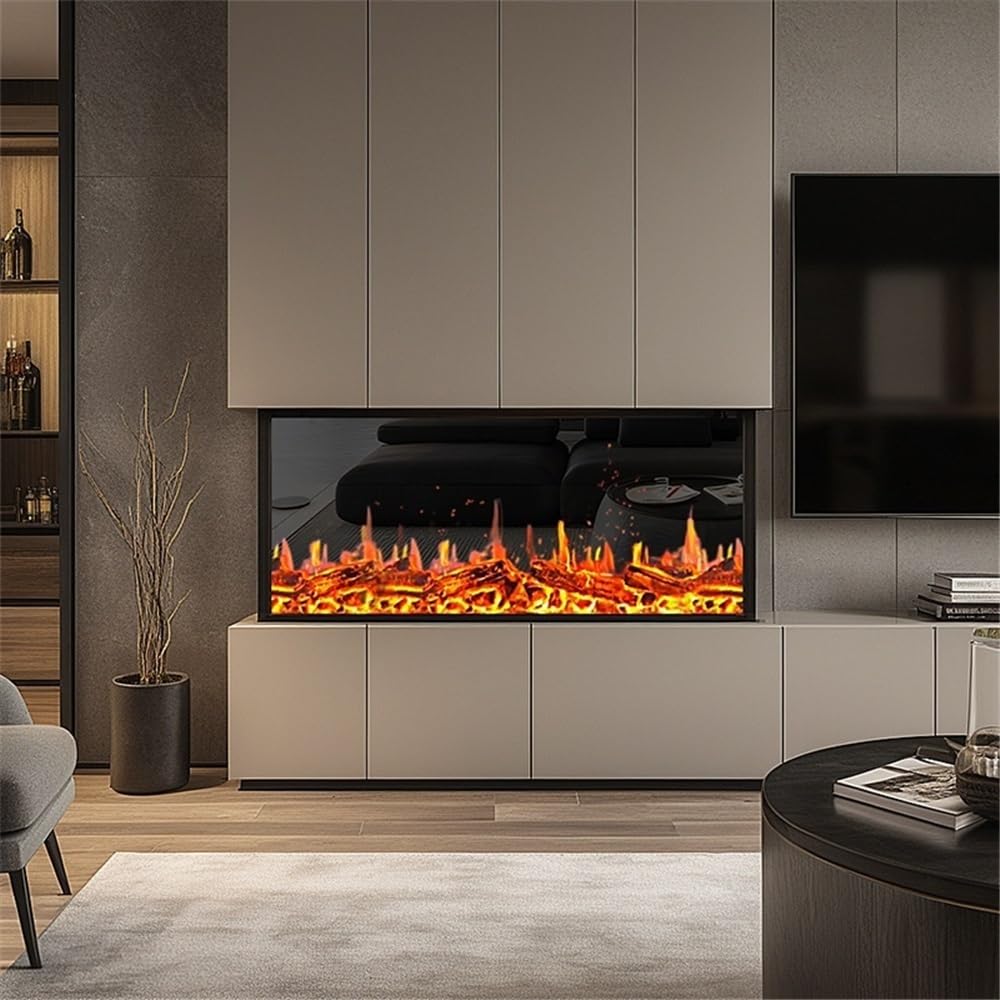 Salotto Camino Elettrico Caminetto elettronico Decorativo Ultrasottile da Incasso con Fiamma realistica e Ombra olografica(Grande)