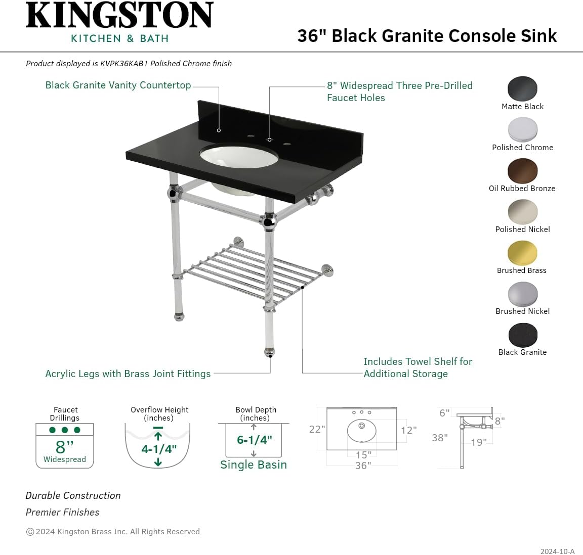 Kingston Brass KVPK36KAB7 Templeton 36" Console Sink with Acrylic Legs (8-Inch, 3 Hole), Black Granite/Brushed Brass