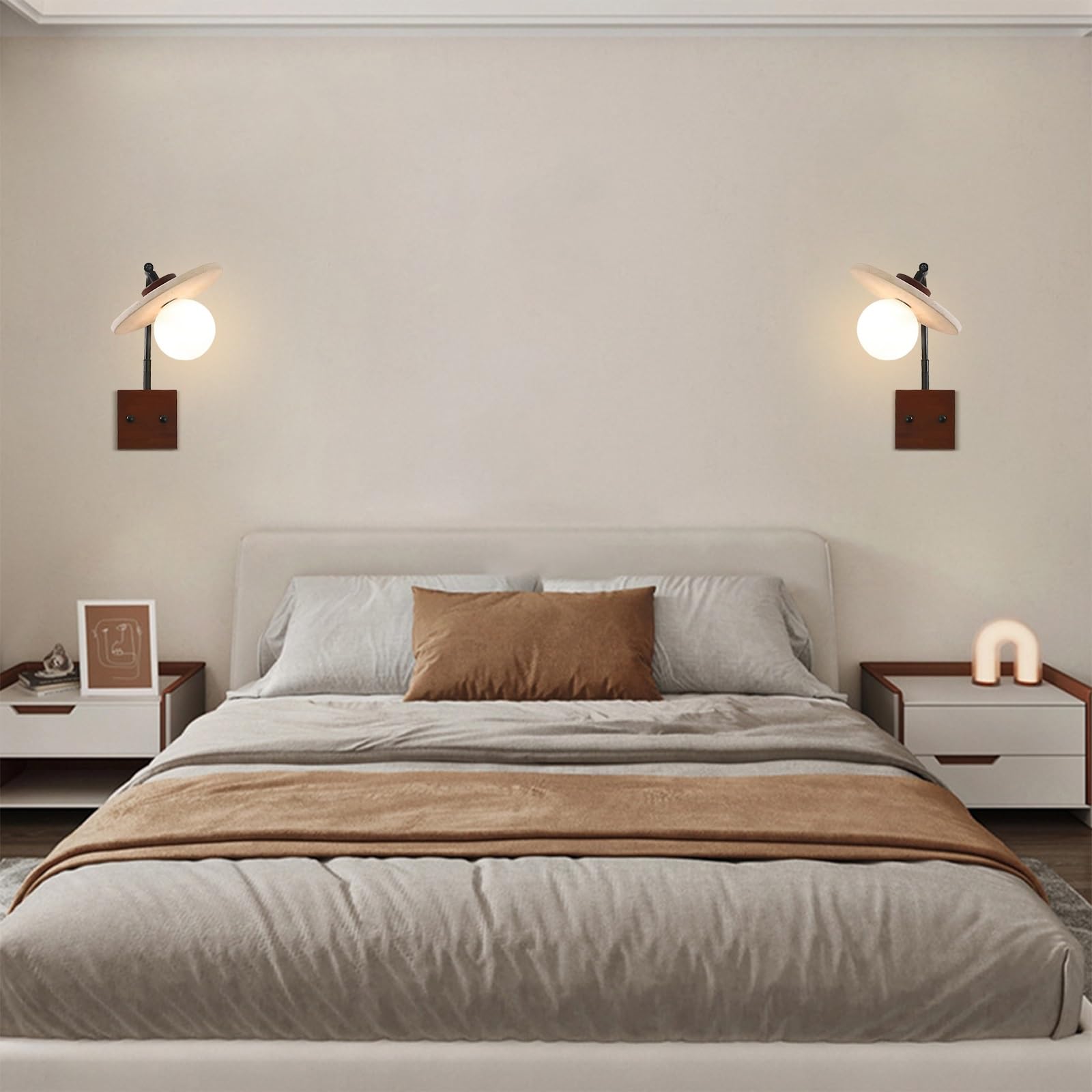 Aplique de pared con decoración artística de travertino amarillo, lámpara de pared de mármol con pantalla de cristal globo y base de madera, lámpara de pared de piedra natural(Walnut)