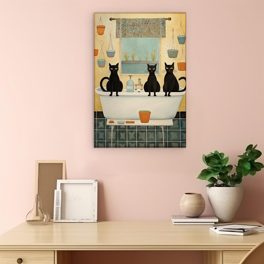 Canvas for Living room. Whiskers and Bubbles: The Charm of Feline Companions in a Sunny Vintage Bathroom Oasis, 27 x 18 inch Canvas Wall Art - Ready to Hang - 69x46 cm (27x18 inch)