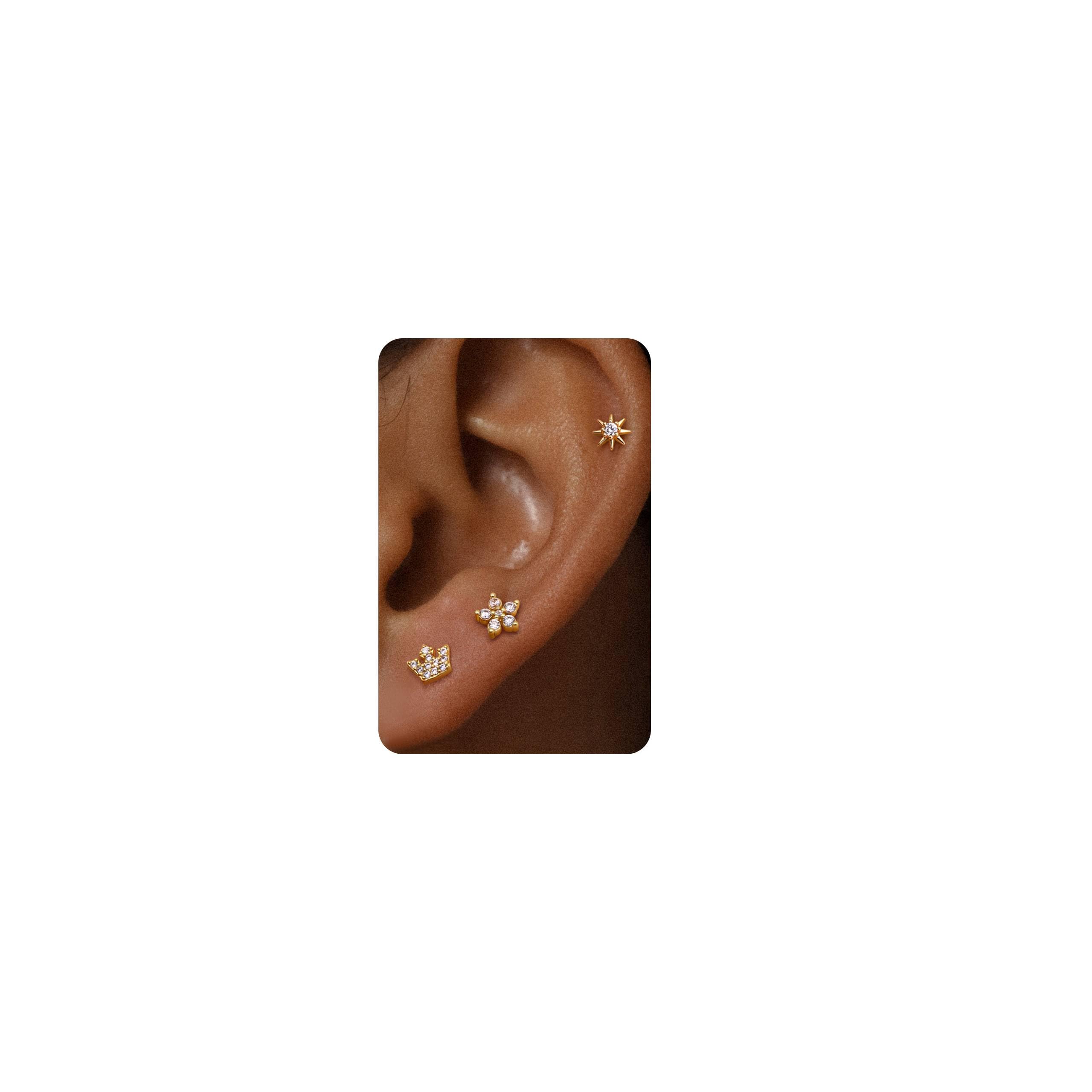 BodyBonita Ohrstecker mit flacher Rückseite für Damen – kleine hypoallergene Ohrstecker aus 925er Sterlingsilber mit 14 Karat vergoldeten kleinen Ohrsteckern mit Zirkonia für Helix-Piercing-Schmuck