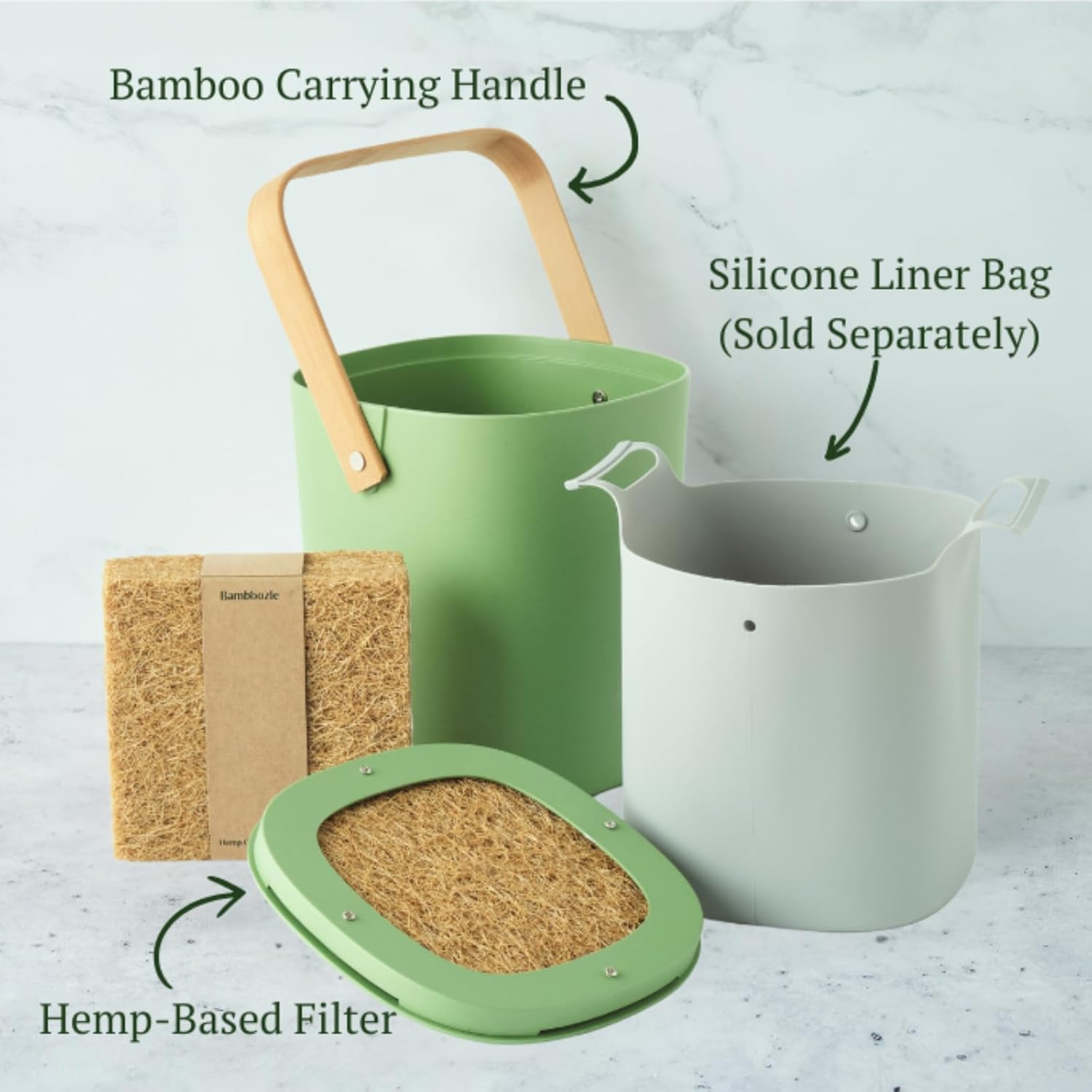 Bamboozle Countertop Compost Bin Kitchen | 1 Gallon | Odorless Composting Bin with Filters | Indoor Compost Bin with Lid | Plant Based Kitchen Composter for Food Scraps & Waste Recycling | Avocado