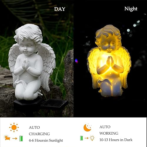 Miniatura 3 de Paquete de 2 estatuas solares de jardín de ángeles, figuras de ángel bebé con luz LED para decoración al aire libre, adornos conmemorativos para
