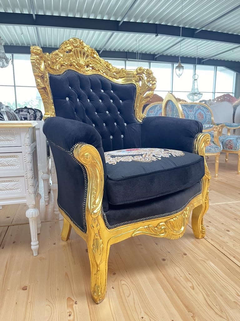 CasAmin Home & Living Fauteuil de style Louis XV en velours beige, fauteuil de canapé de style rétro baroque rococo avec finition dorée pour la décoration intérieure