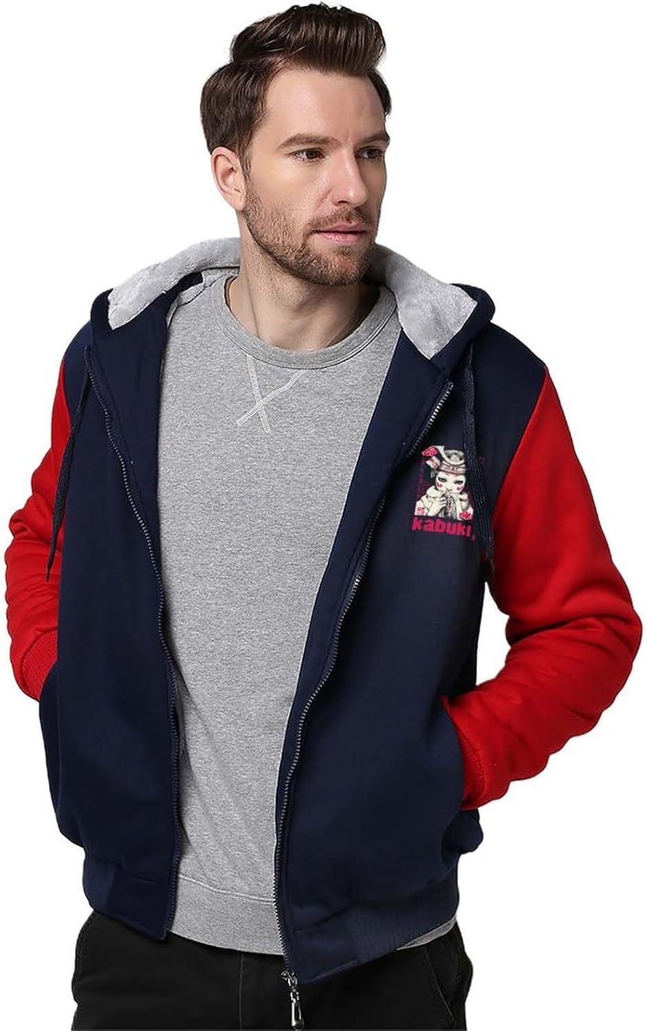 Japanese Kabuki Men's Hooded Coat Fleece Lining Sweatshirt Zip Up Jacket Warm Hoodie