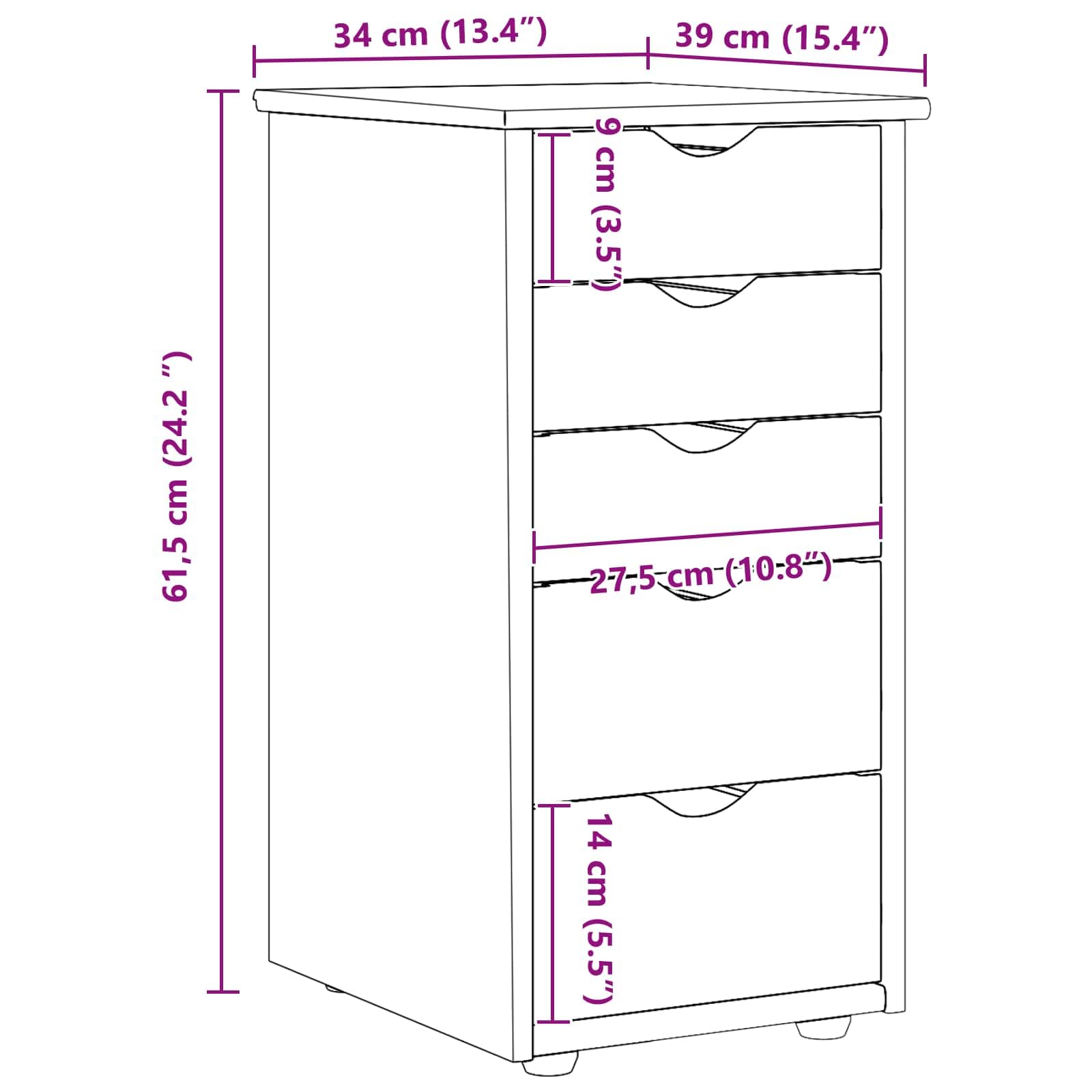 Armadietto portaoggetti in legno di pino massiccio, marrone, 34 x 39 x 61,5 cm, con 5 cassetti, per soggiorno, camera da letto, ufficio, corridoio e cucina, organizer versatile