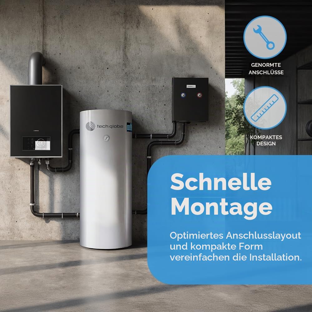 TECHGLOBE - Brauchwasserspeicher mit 2 Wärmetauscher (1.8 + 2.4 m²) - Komplett aus Edelstahl - Energieeffizient Warmwasserspeicher- mit 50mm Isolierung (200 L)