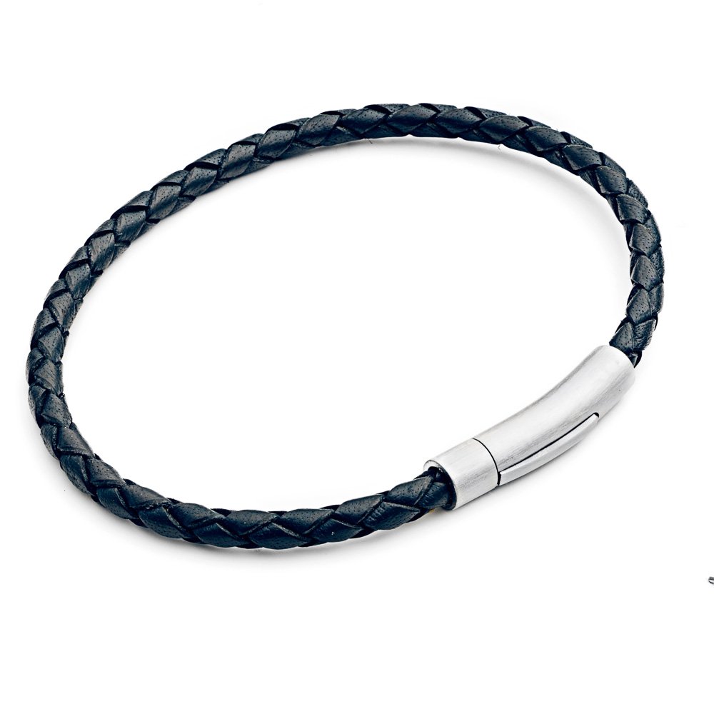 Tribal Steel Unisex Dark Navy Slimline Bracelet - Unisex 21cm Leather Bracelet with Riveted Stainless Steel Rocker Clasp