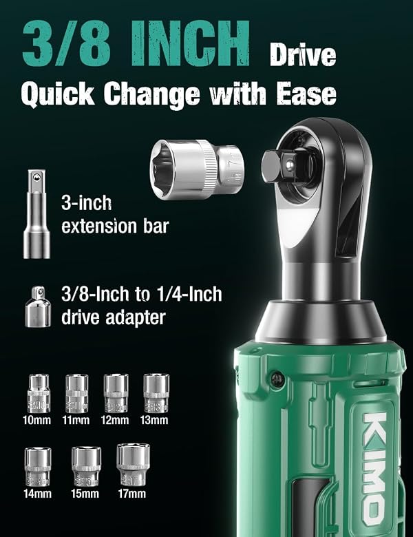 KIMO 20V Electric Ratchet Wrench 3/8 Set, 89 Ft-lbs 400 RPM Cordless Ratchet Wrench, 2x2.0Ah Li-Ion Battery, Fast Charger, Electric Wrench Set w/ 7 Sockets, 3/8" to 1/4" Adapter, 3-Inch Extension Bar by K I M O. - Image 9