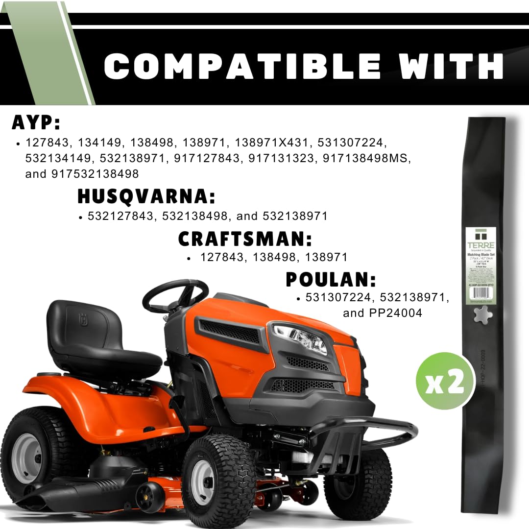 Phoenix Mfg. Juego de 2 cuchillas de repuesto para cortacésped de 106,6 cm. Reemplaza para Ariens, Craftsman, Husqvarna, Poulan y más. Reemplaza la pieza OEM: 134149, 532134149, 532 13 41-49 y 561714B