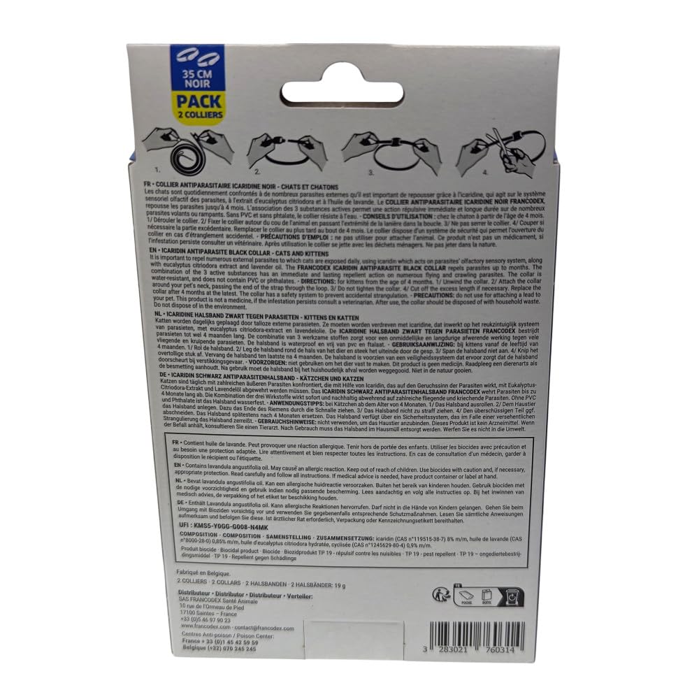Francodex - Colliers Antiparasitaire Icaridine X2 Noir pour Chats et Chatons