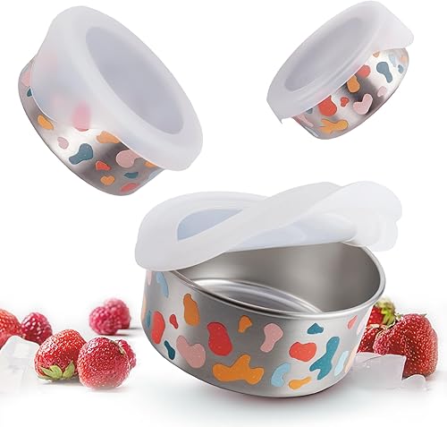 Paquete de 3 recipientes de acero inoxidable (18 oz10 oz5.5 onzas) para almacenamiento de aperitivos para adultos y niños con tapas de silicona, disponible en Yaxa Peru