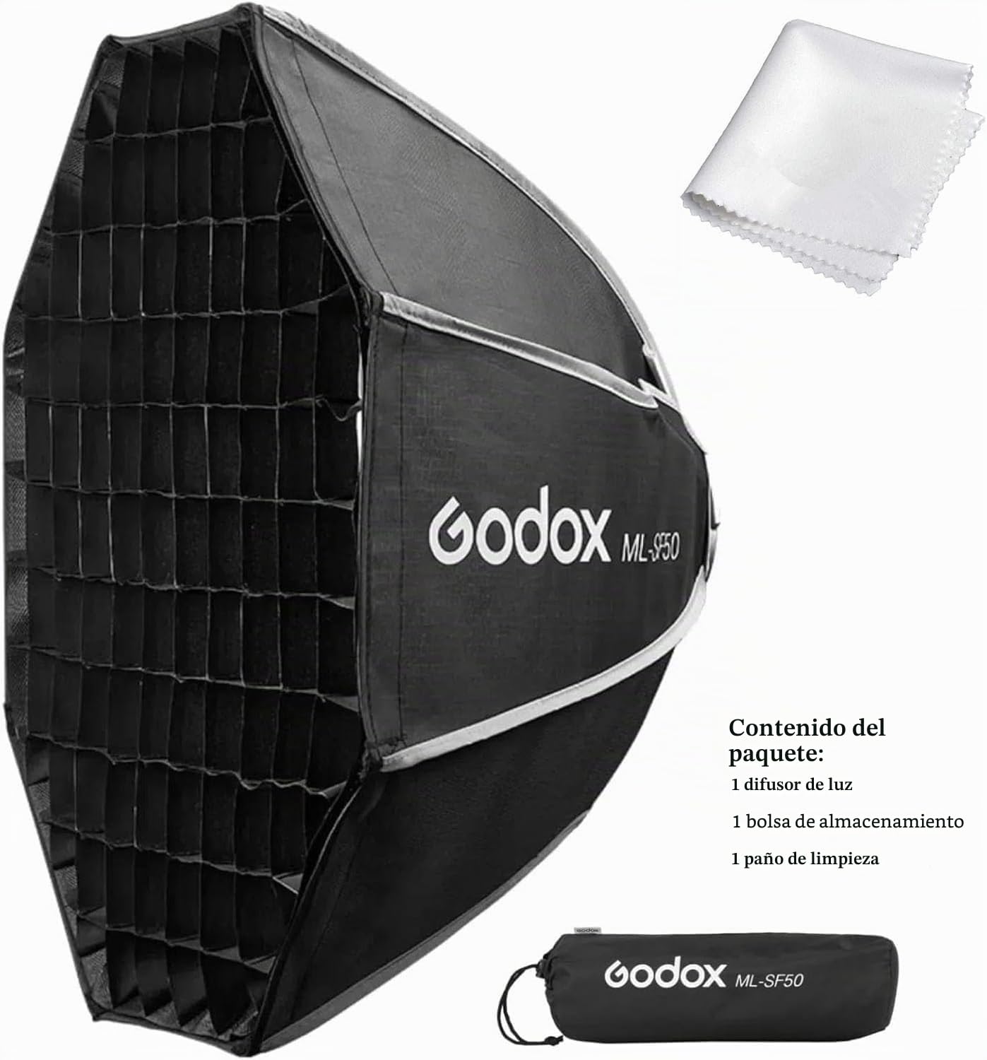 Godox Caja de luz octagonal ML-SF50, 50 cm x 50 cm, compatible con Godox ML100Bi, ML60IIBi, ML60Bi, ML60, ML30Bi, ML30Bi, ML30 luz de video LED, incluye bolsa de transporte