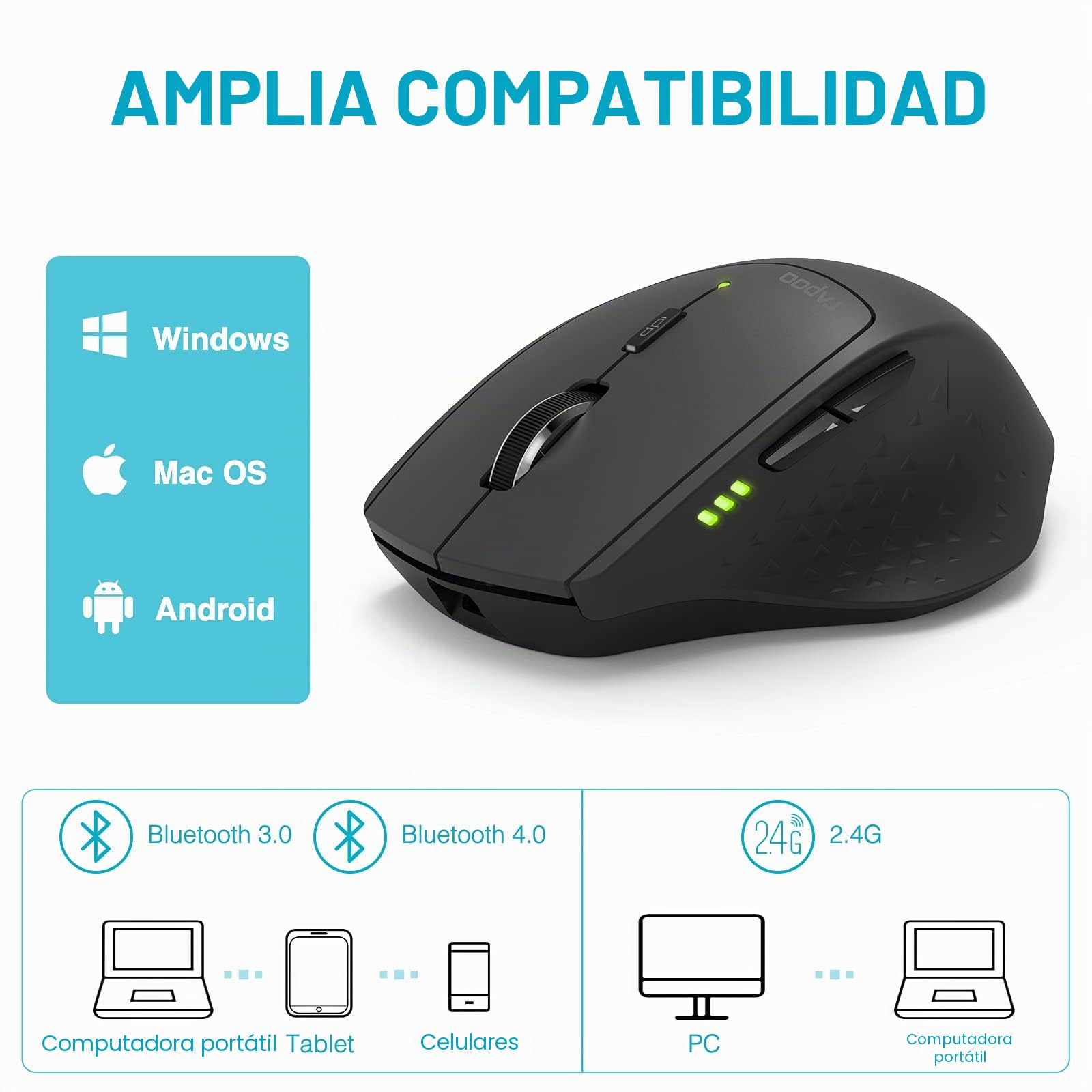 Rapoo | Ratón Inalámbrico Multimodo, Negro | Ratón Ordenador MT550, Bluetooth y conexión de 2,4 GHz, sensores dpi Ajustables y 12 Meses de duración de la batería