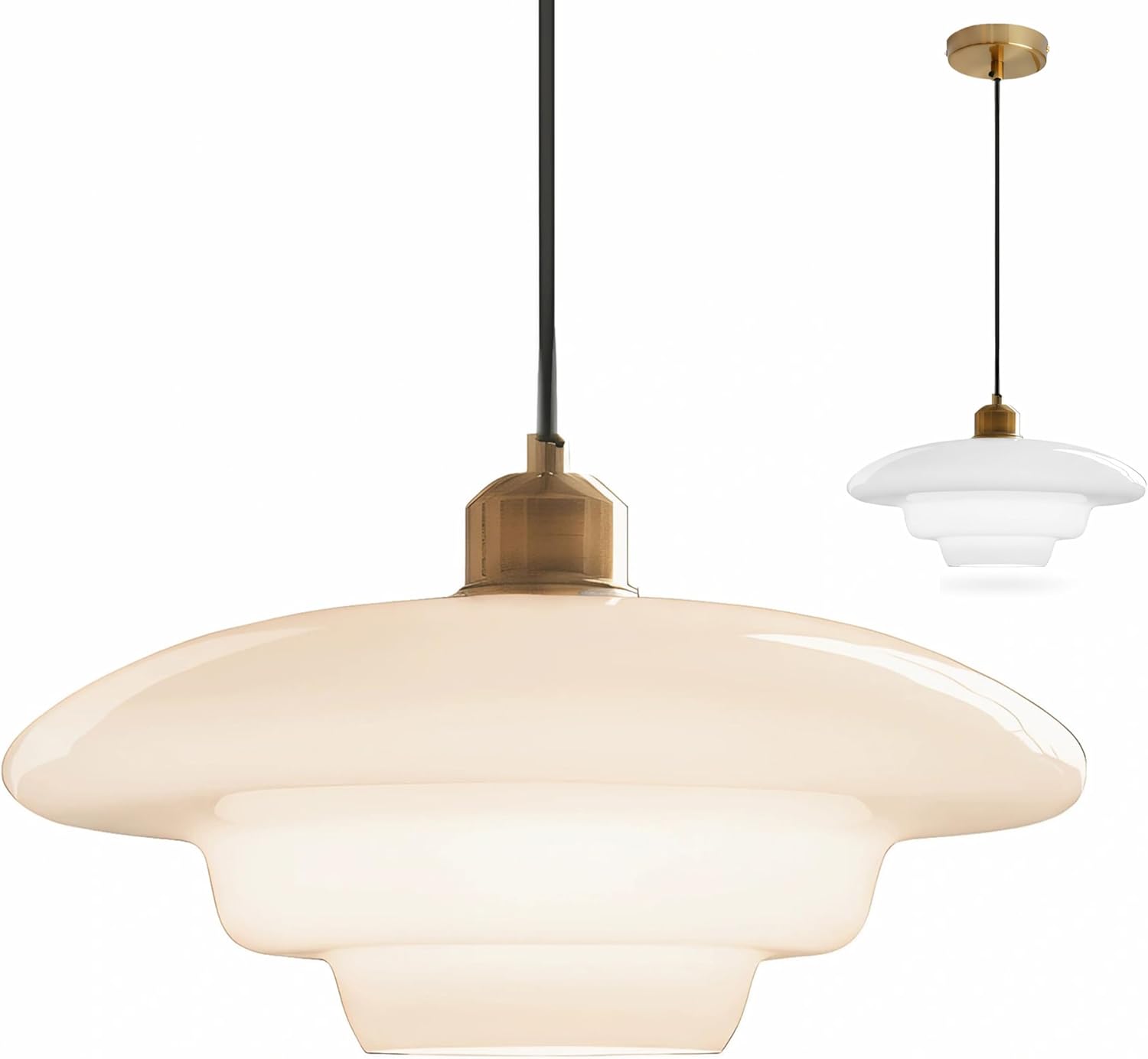 Mid-Century Milk Glass Pendant Light with Gold Metal Holder, Indoor Ceiling Hanging Lamp, E26 Farmhouse Modern Lighting for Kitchen Island, Dining, Living Room (Cream Yellow, A)
