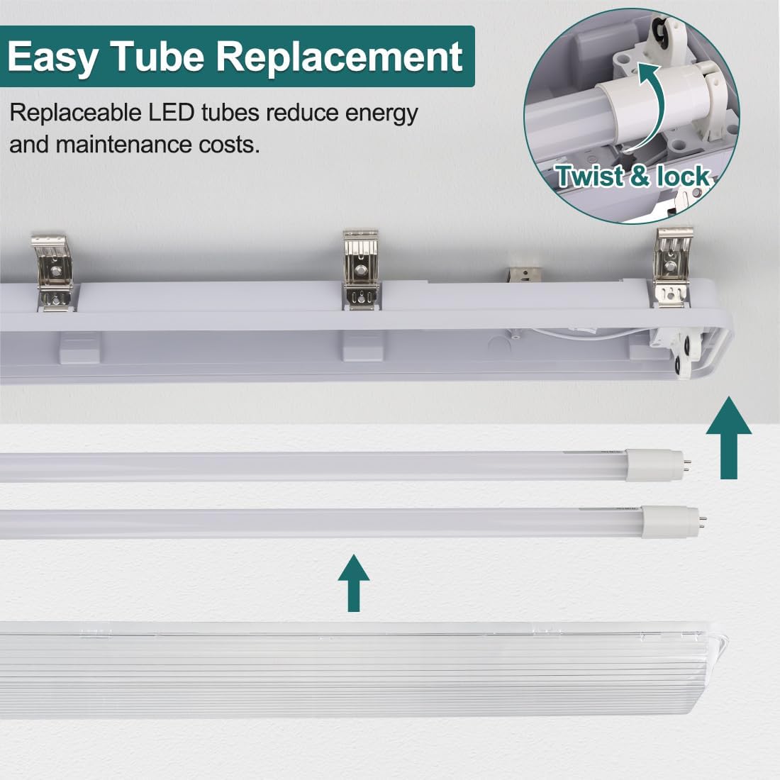kadision 4FT LED Vapor Tight Light Fixture with 2 Replaceable T8 Tubes, 40W 5600lm 5000K Daylight 100-277V, Surface Mount IP65 Vapor Proof Lights for Car Wash, Garage, Store, 6-Pack