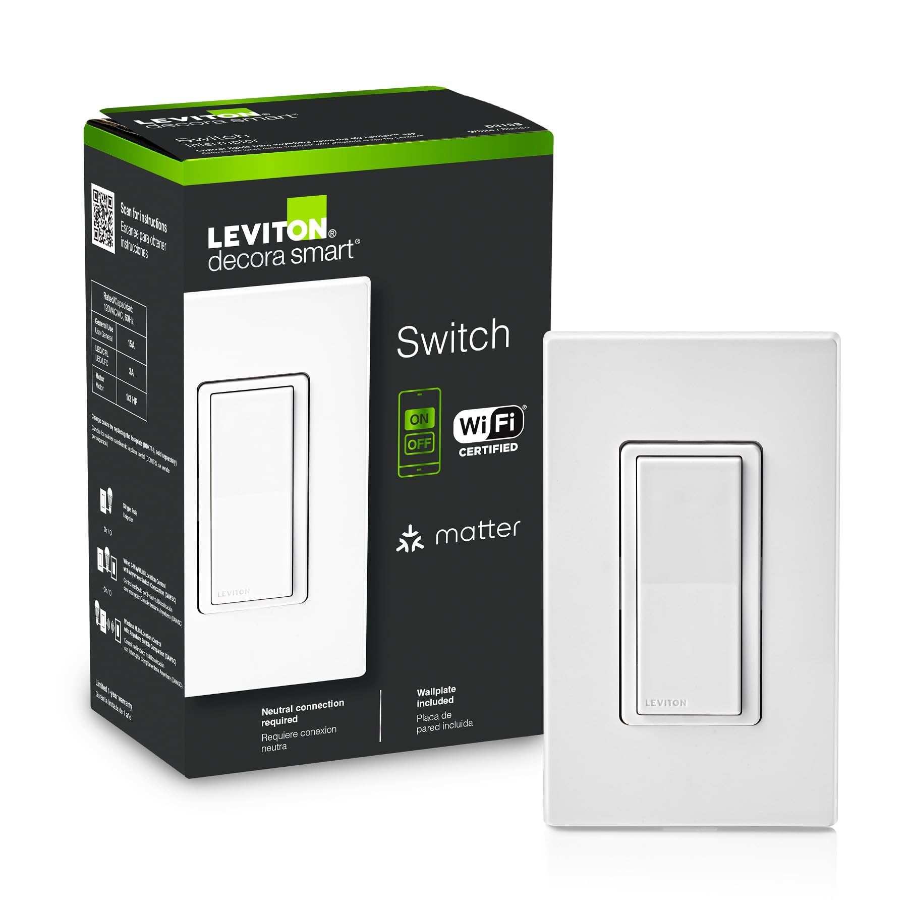 Leviton Decora D315S-1RW, Smart Switch, WiFi, Works with Material, Alexa, Google Assistant, Apple Home/Siri and Wired or Without 3 Ways, Neutral Cable Required, White-picture-23
