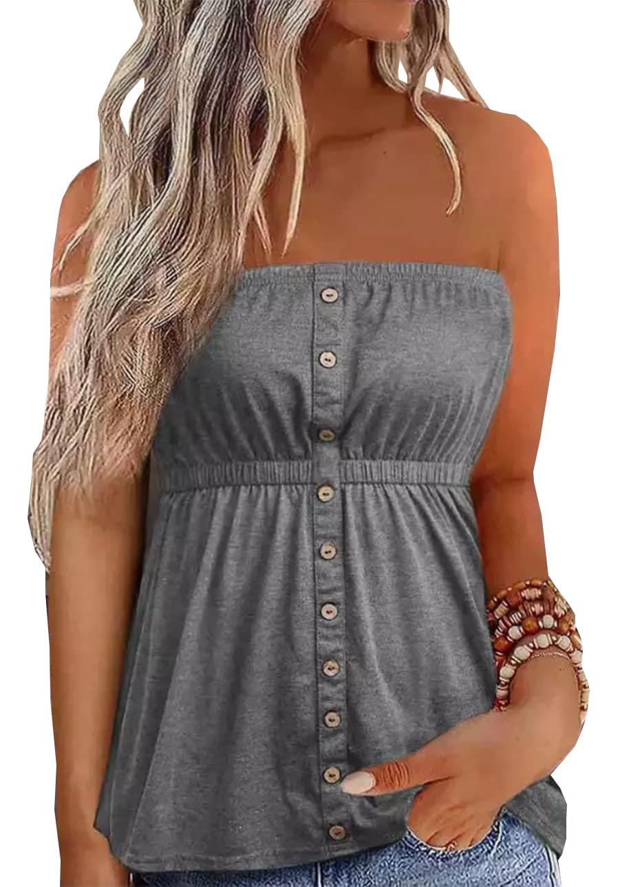 FECAFO Button Strapless Bandeau Tank Women Sleeveless Backless Tube Tops Pleated Summer Casual Holiday Tanks Shirt Blouse