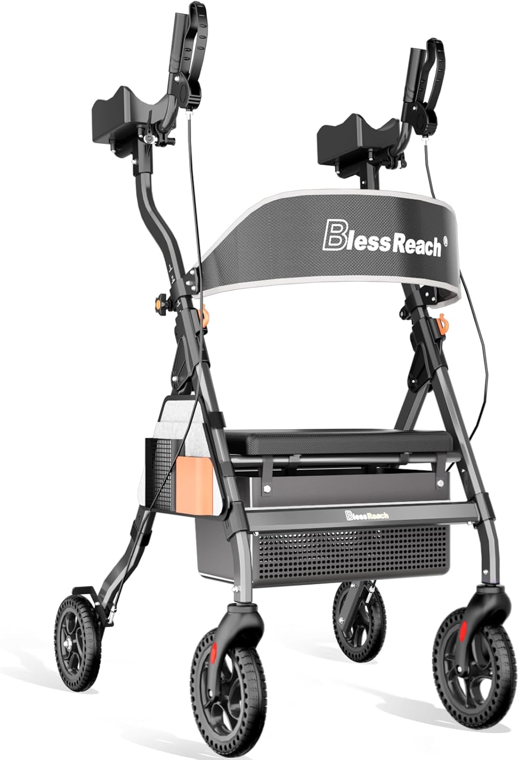 Heavy Duty Upright Rollator Walker for Seniors, 450lb Capacity, 6 Height Adjustments, 8" All-Terrain Wheels, Padded Seat & Backrest, Easy Assembly, Foldable Design (Black)