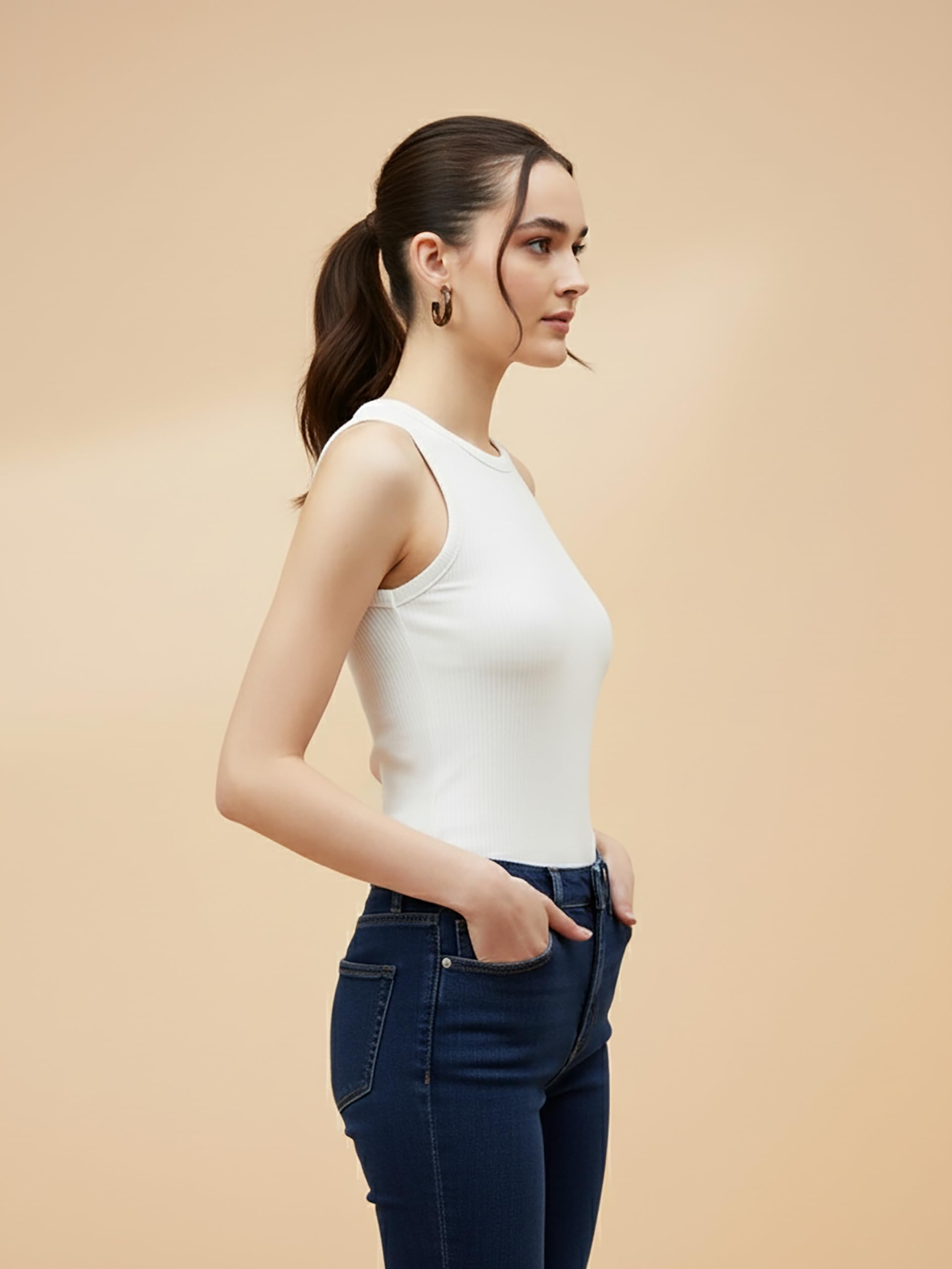 Glito Soft Cotton Premium Comfort Ribbed Slim Fit Tank Top for Women - White | Crew Neck | Sleeveless | Tank Tops for Women | Women's Top | Ideal for Daily & Casual Wear - Image 4 thumbnail