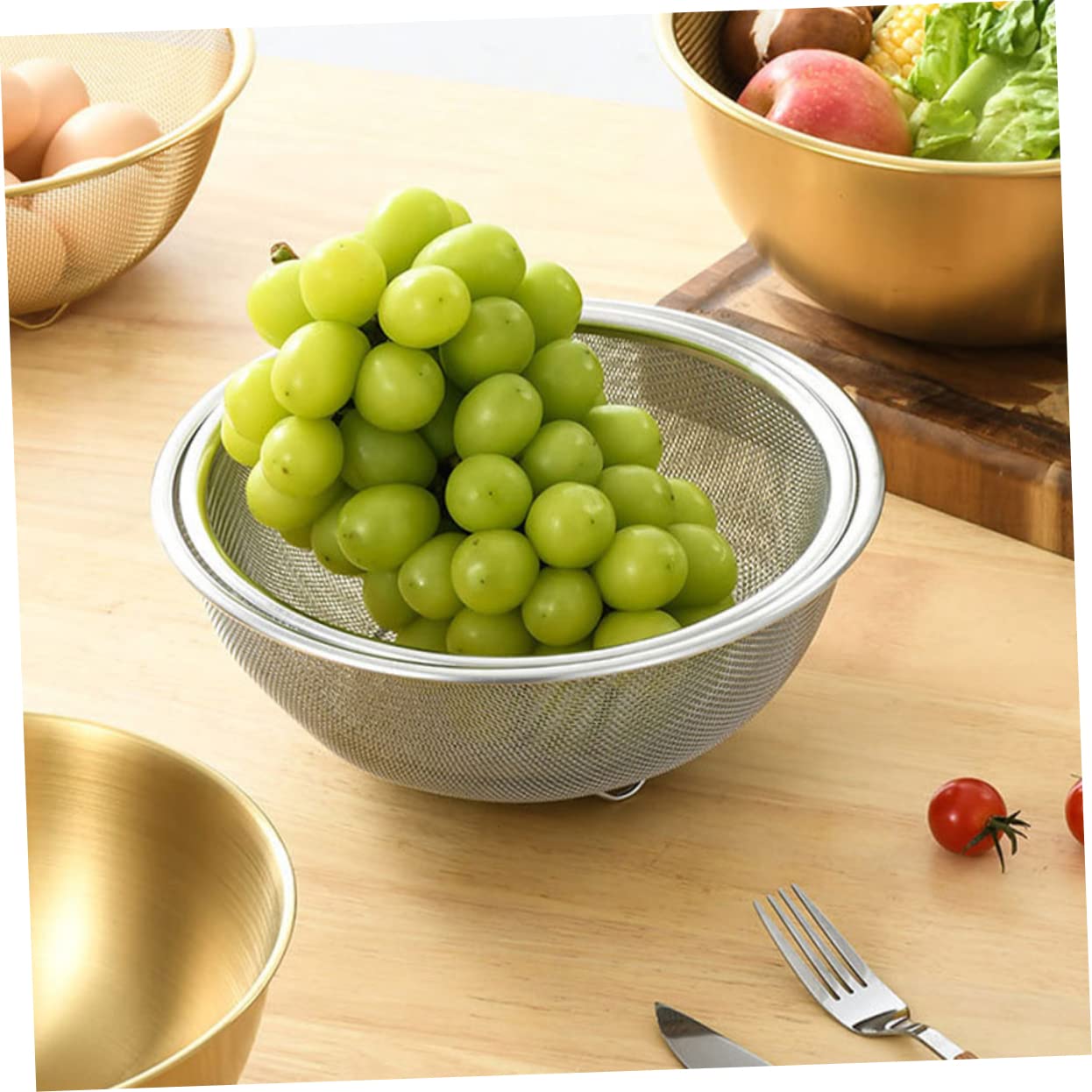 Cesta Colador de Acero Inoxidable 2 Piezas para Lavar Arroz y Frutas, Recipiente de Drenaje Estable y Antideslizante para Cocina