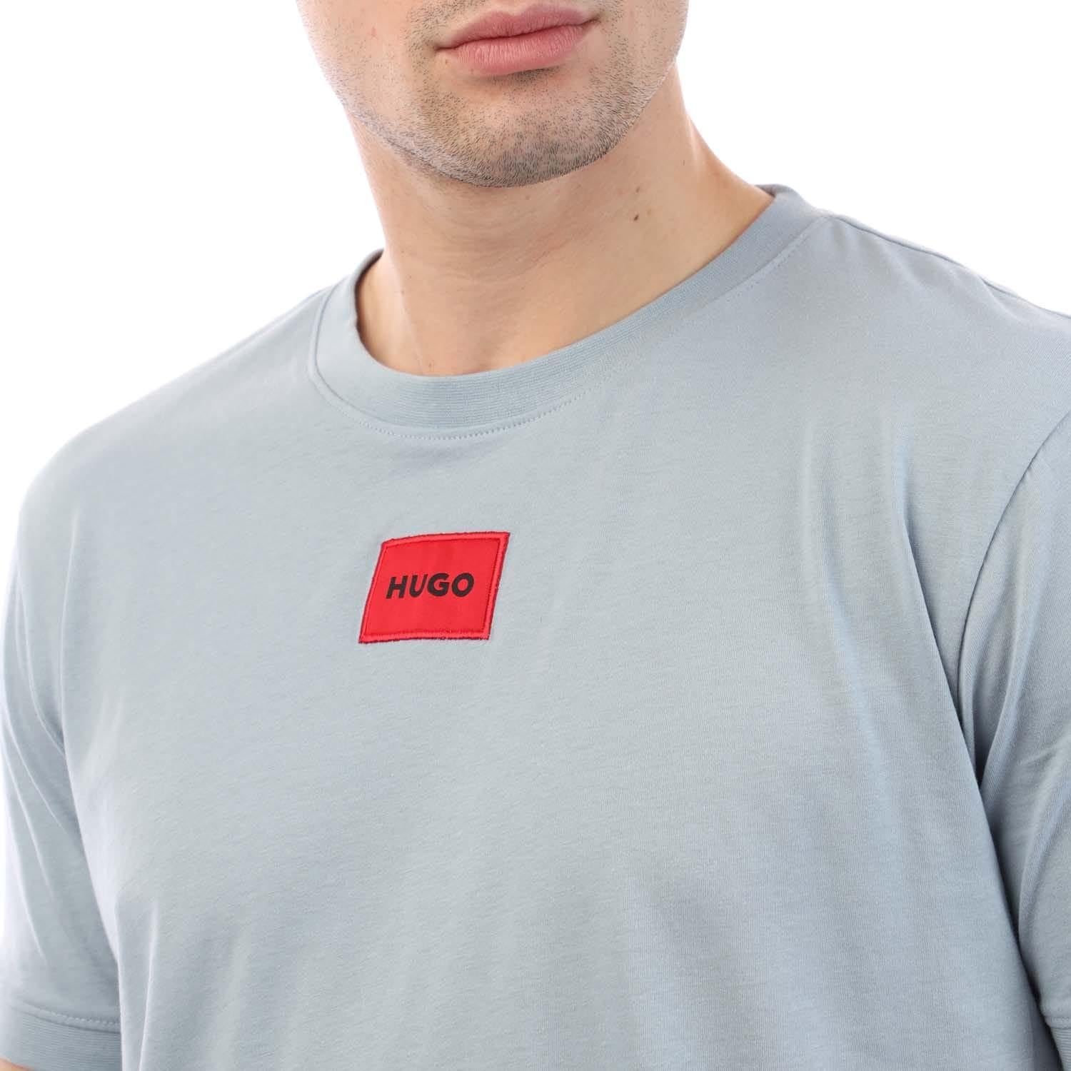 T-shirt bawełniany męski z aplikacją koloru turkusowego HUGO